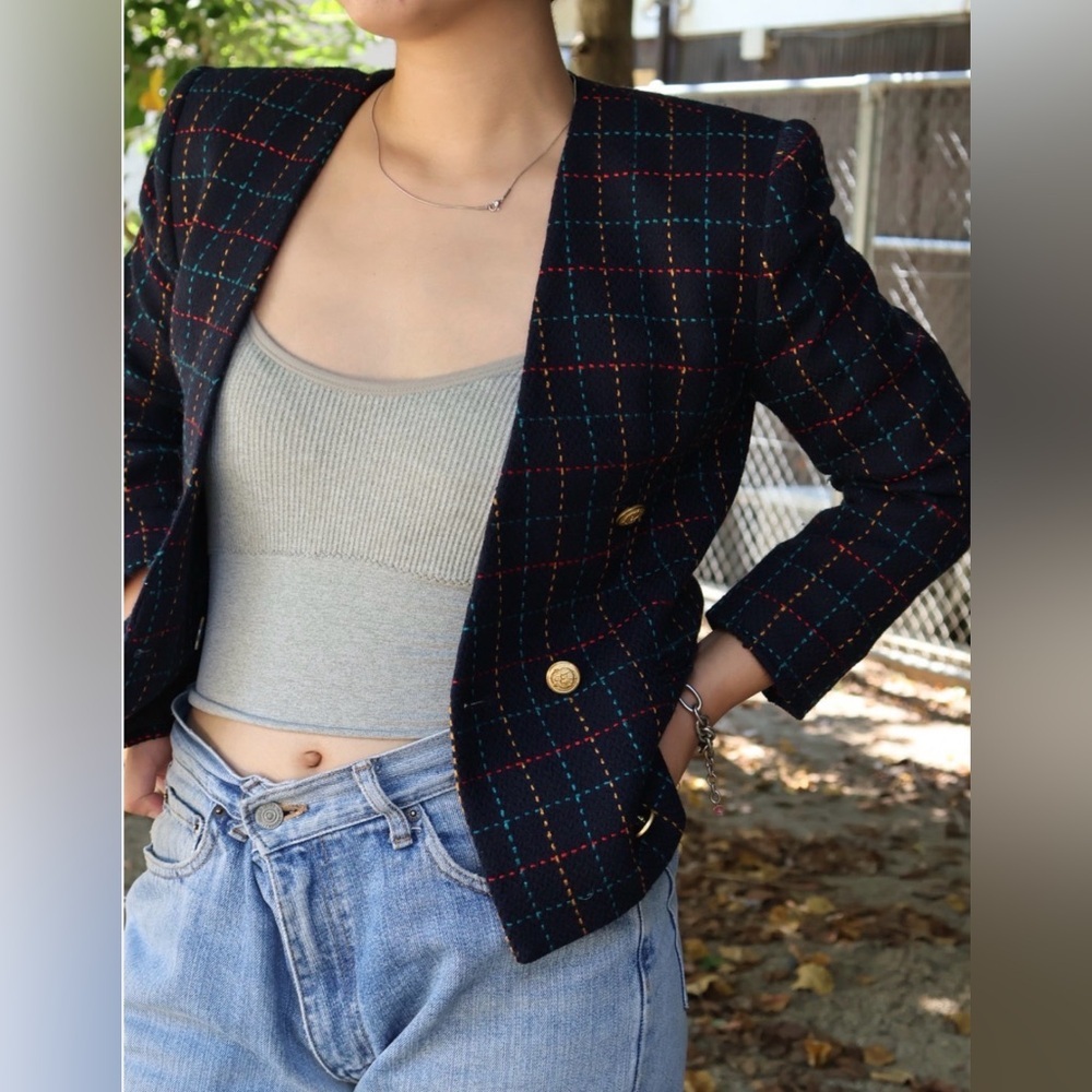 VTG Jones New York Navy Plaid Double Breasted Blazer 12 Cropped Preppy Y2K 90s - Picture 2 of 11